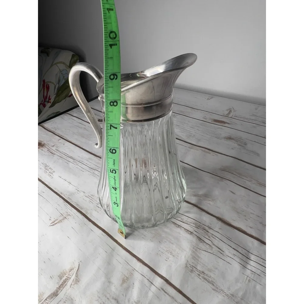 VTG Water Pitcher Silver Fluted Glass Ice Guard Scroll Handle 10.5in